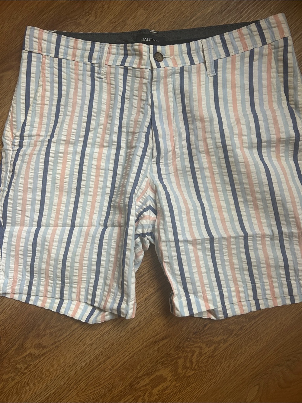 Nautica Men’s Blue, White & Pink Vertical Stripe Flat-Front Shorts